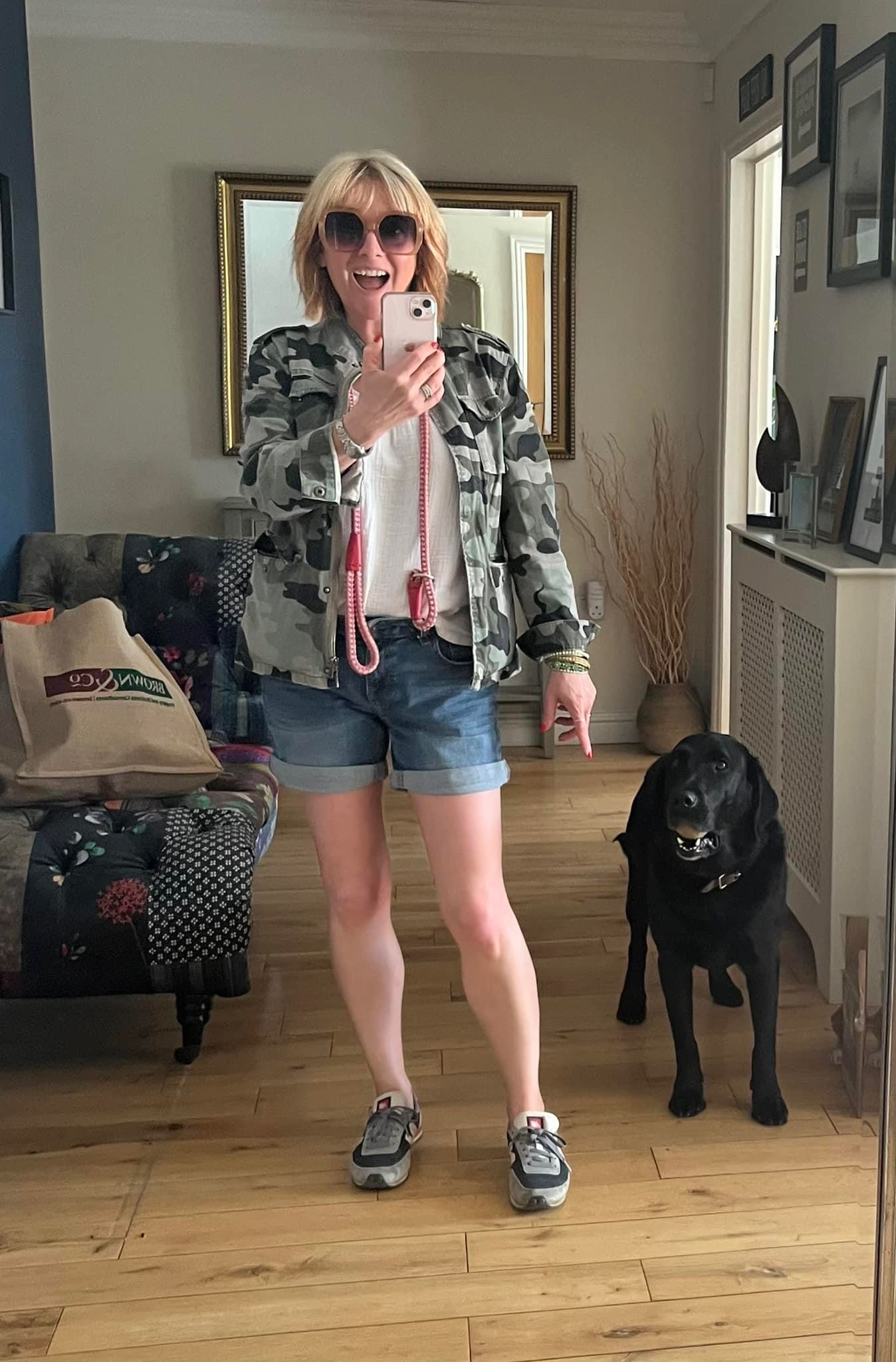 Mrs Stylewright wearing denim shorts ready to take the dog for a walk