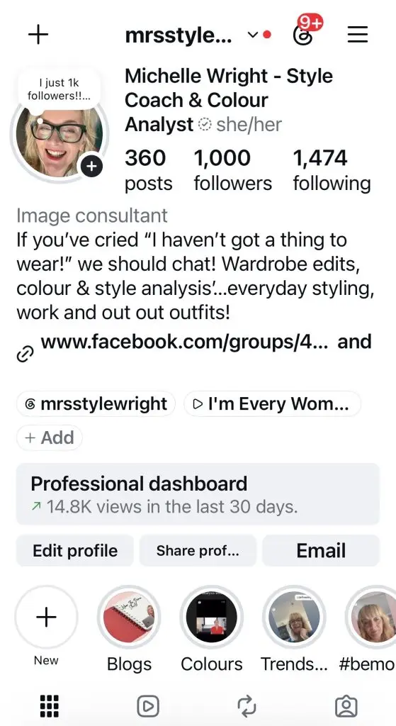 Mrs Stylewright's Instagram page showing 1000 followers